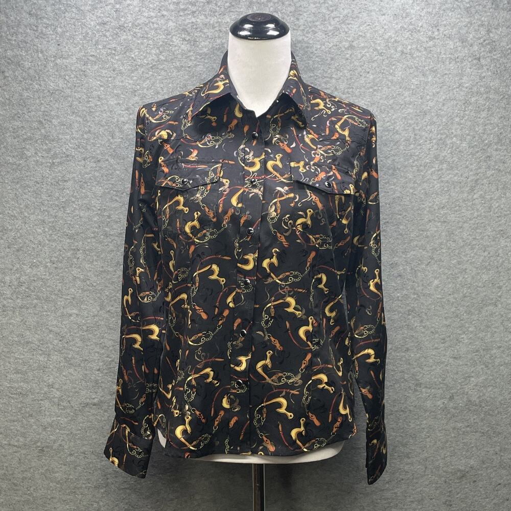 VTG Ace of Diamond Womens M Western Shirt Black Gold Equestrian Chain Pearl Snap